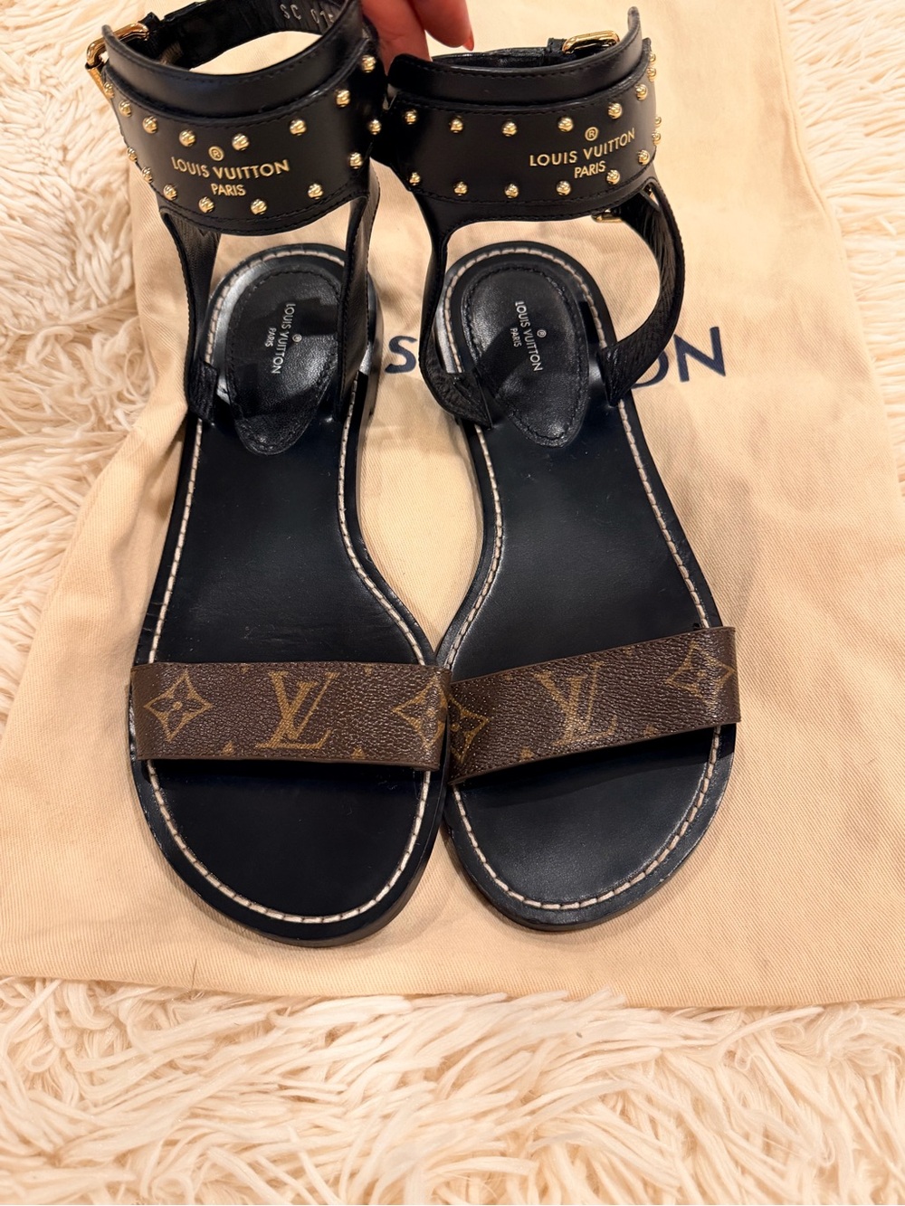 Louis Vuitton Black & Brown Monogram Studded Ankle-Strap Sandals